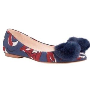 Kate Spade Elen Navy Flats in Fox Glen Fabric Fur Toe Embellished Size 8.5 New